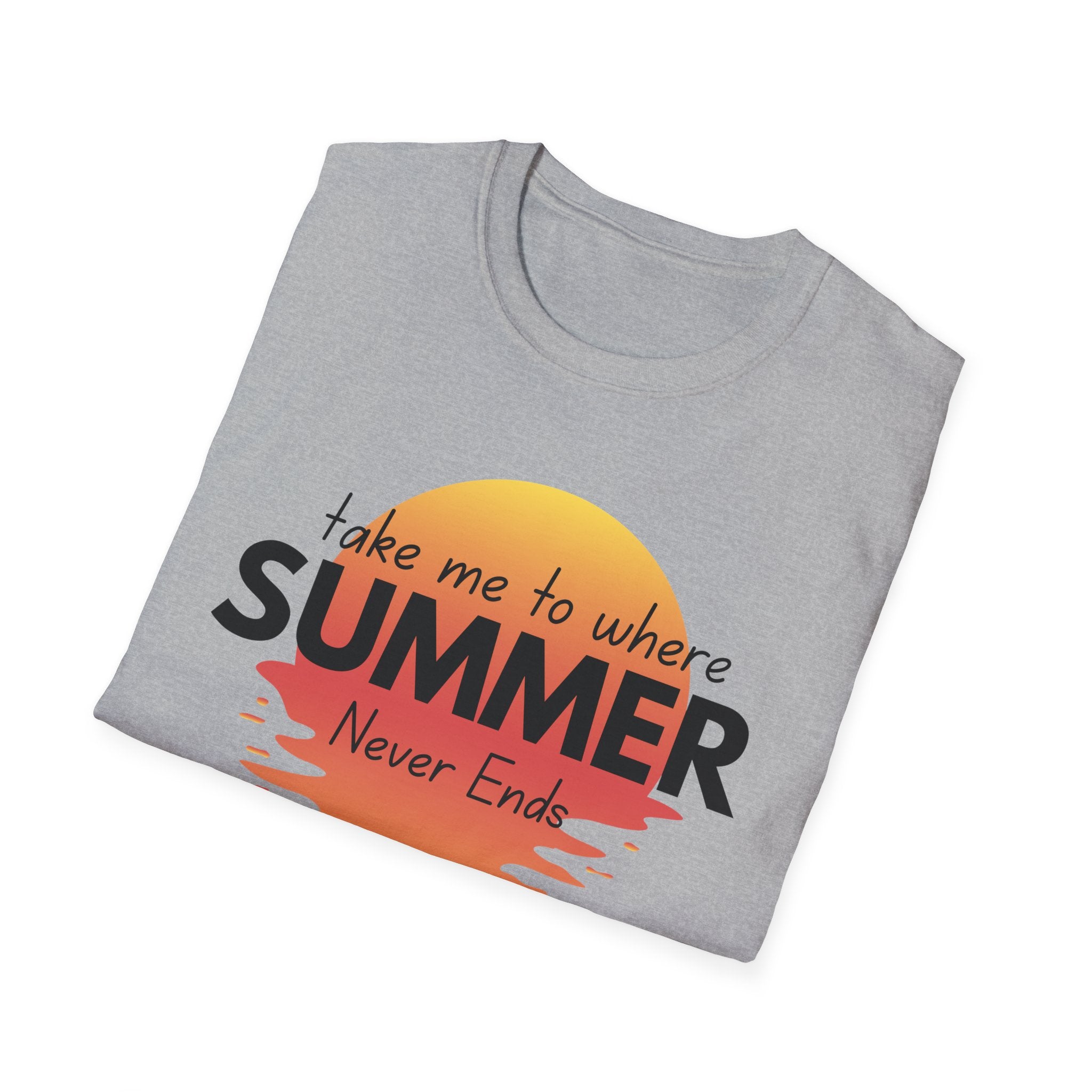 Summer Never Ends T-Shirt — Vintage Sunset 'Take Me to Where Summer Never Ends'