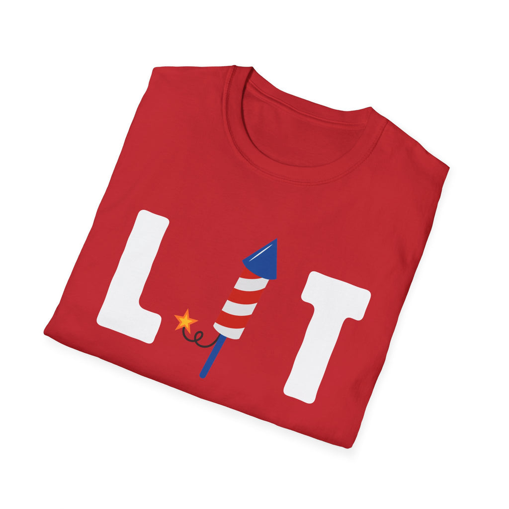 T-Shirt — "LIT" Fireworks Patriotic Graphic Shirt for 4th of July