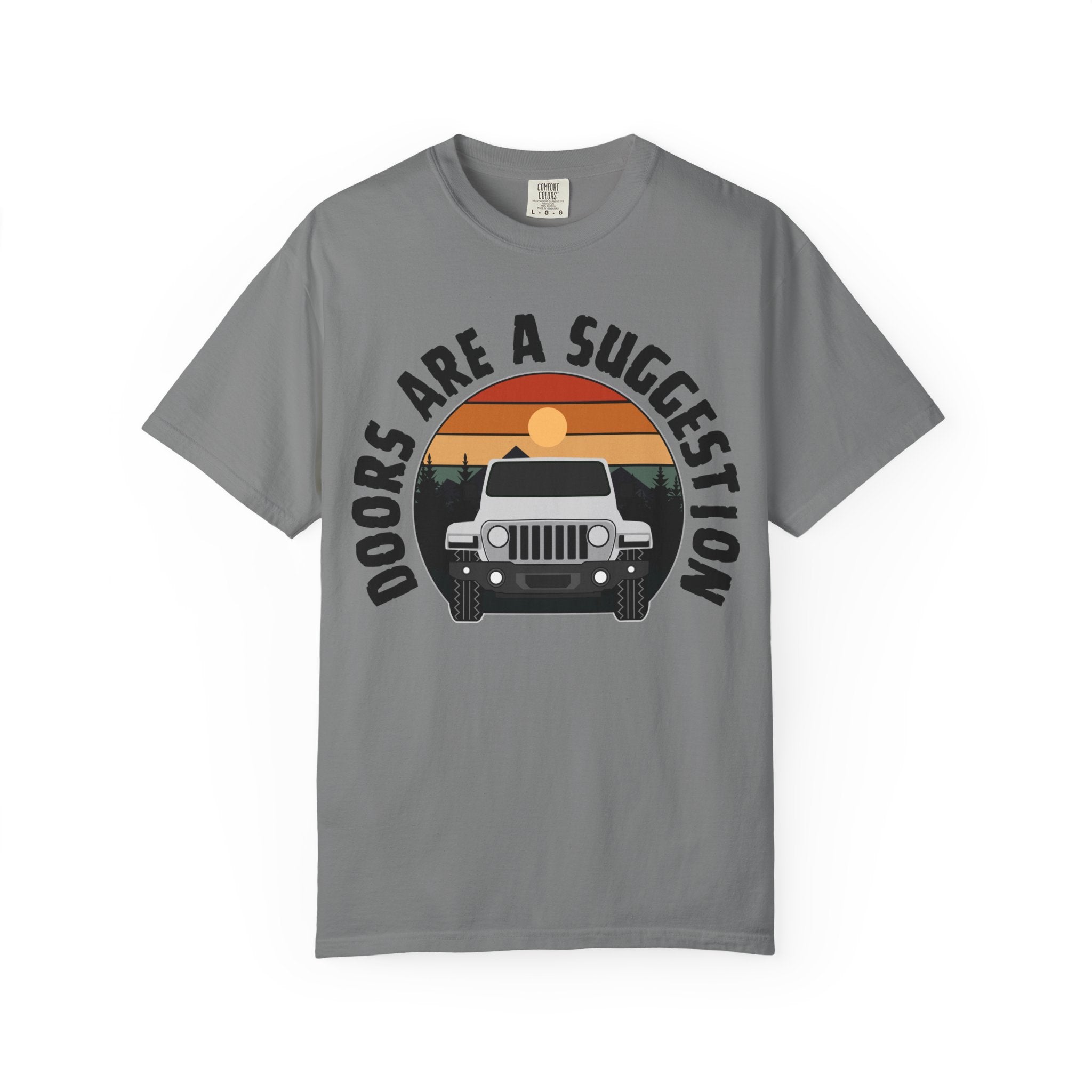 Jeep Graphic T-Shirt — "Doors Are A Suggestion" Vintage Sunset Tee