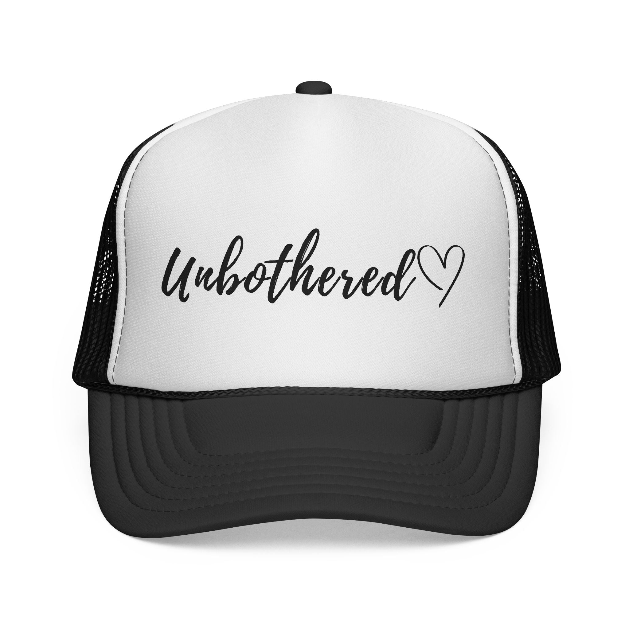 Unbothered Trucker Cap — Script Logo Mesh Hat with Heart