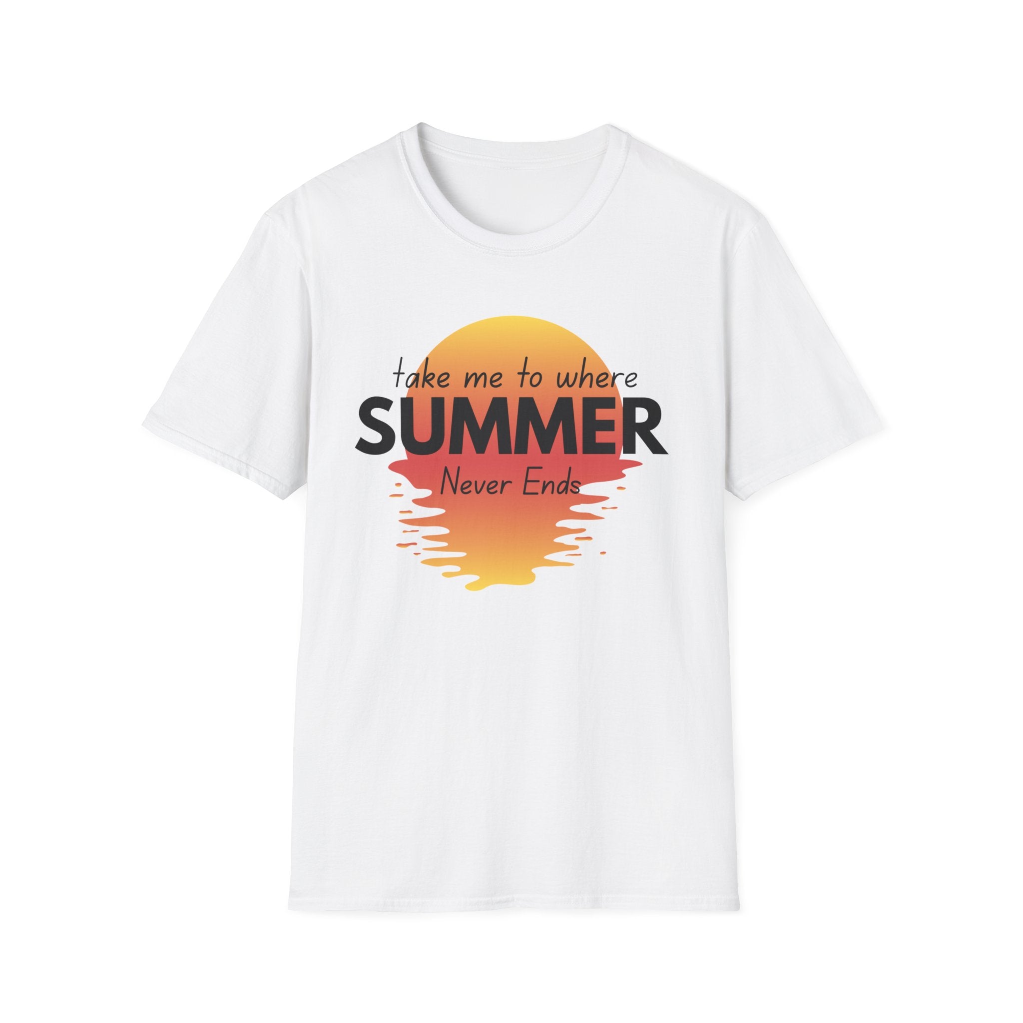 Summer Never Ends T-Shirt — Vintage Sunset 'Take Me to Where Summer Never Ends'