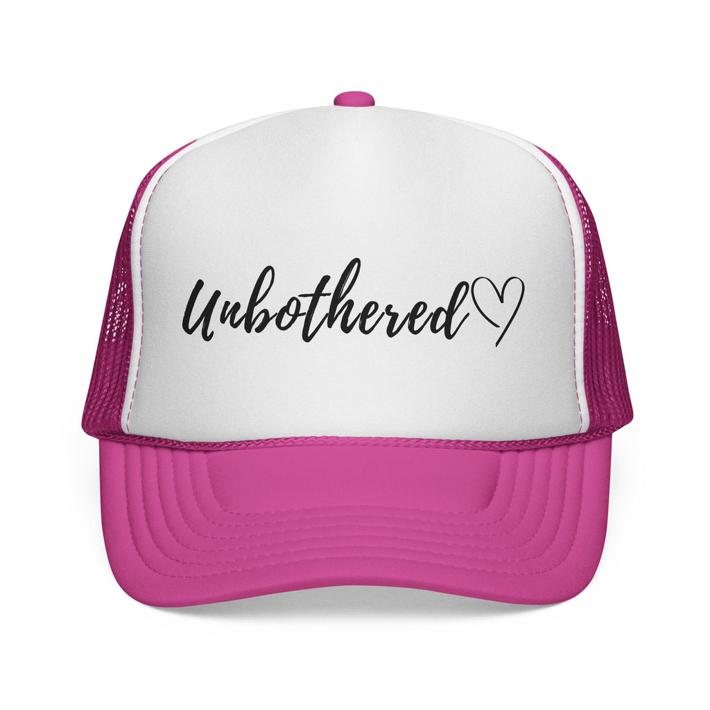 Unbothered Trucker Cap — Script Logo Mesh Hat with Heart