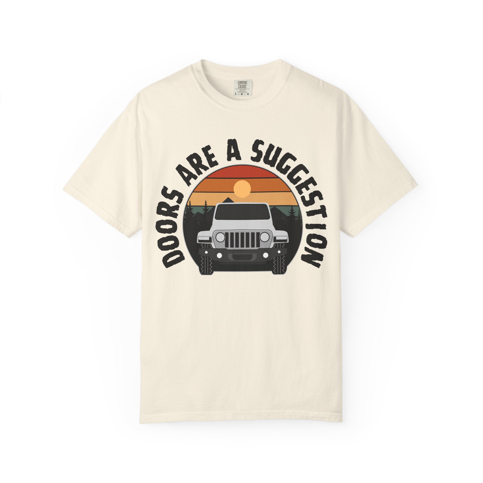 Jeep Graphic T-Shirt — "Doors Are A Suggestion" Vintage Sunset Tee
