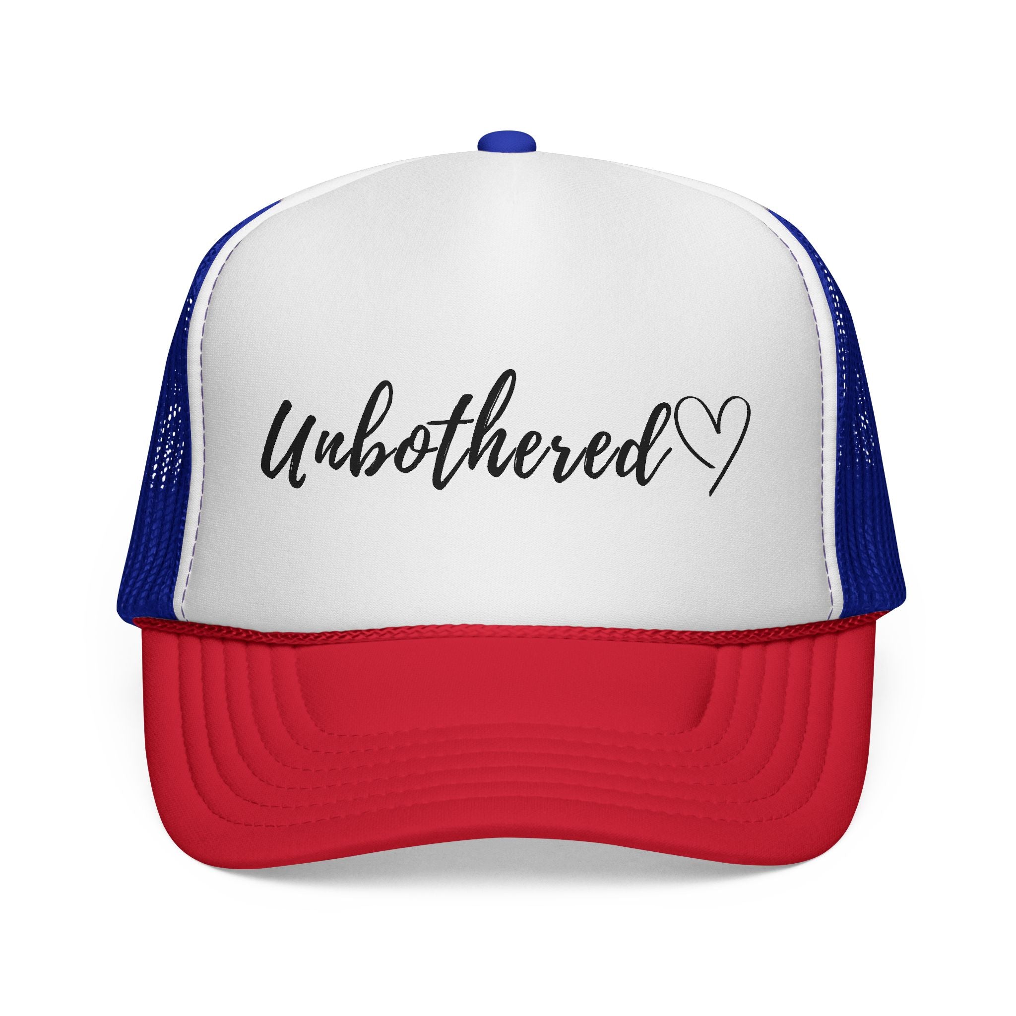 Unbothered Trucker Cap — Script Logo Mesh Hat with Heart