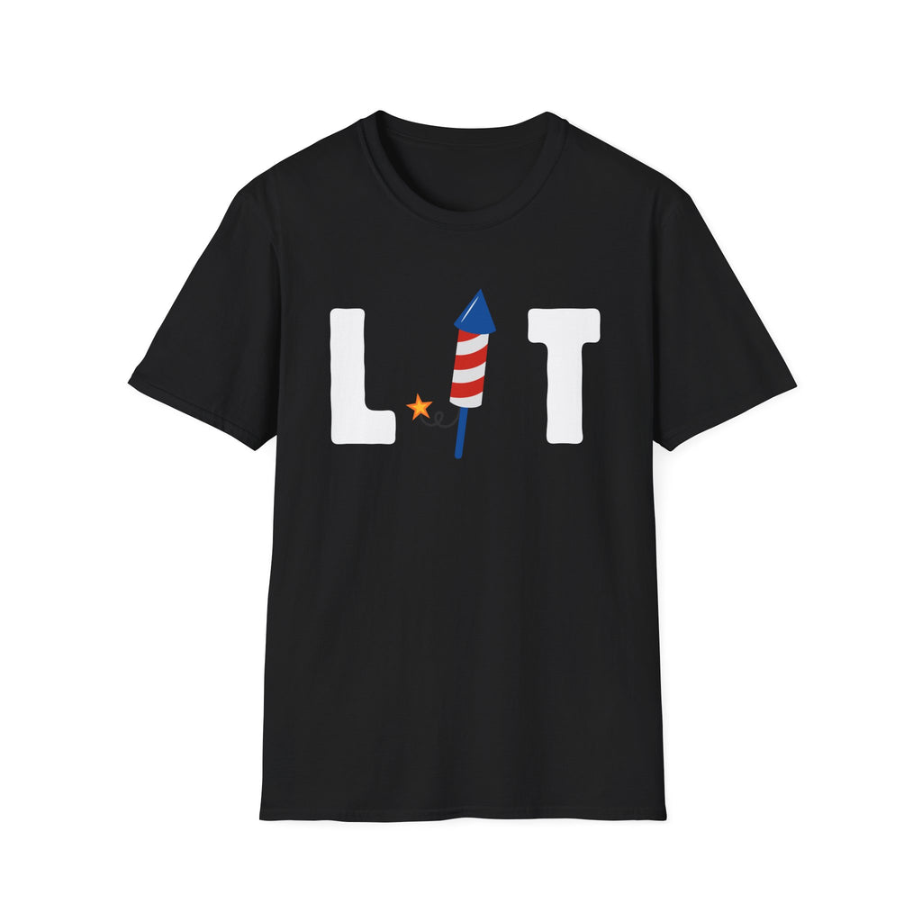 T-Shirt — "LIT" Fireworks Patriotic Graphic Shirt for 4th of July