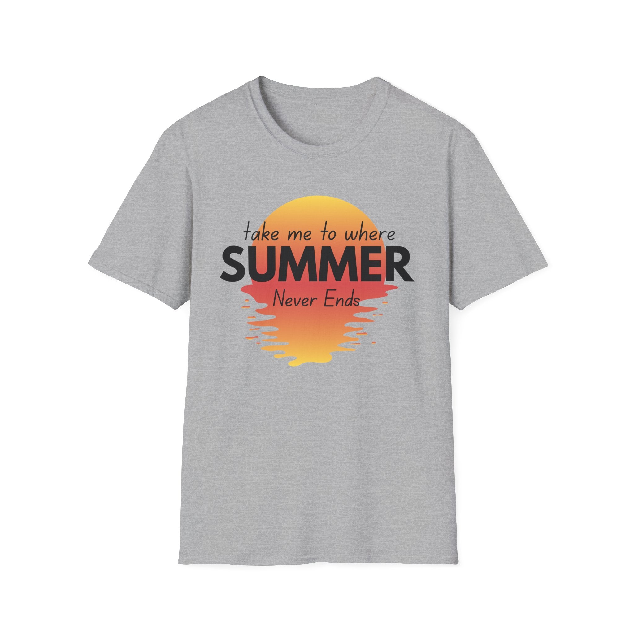 Summer Never Ends T-Shirt — Vintage Sunset 'Take Me to Where Summer Never Ends'