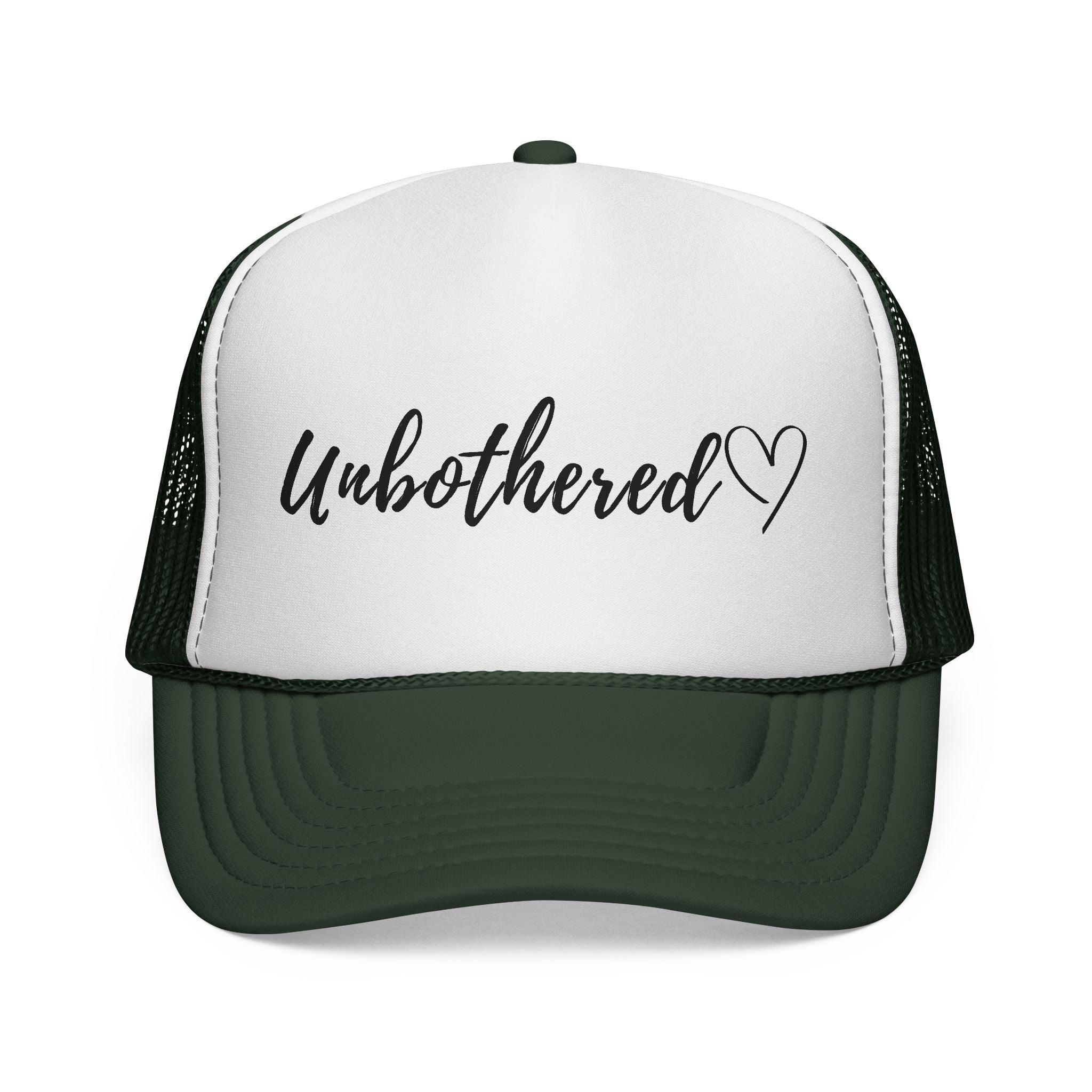Unbothered Trucker Cap — Script Logo Mesh Hat with Heart
