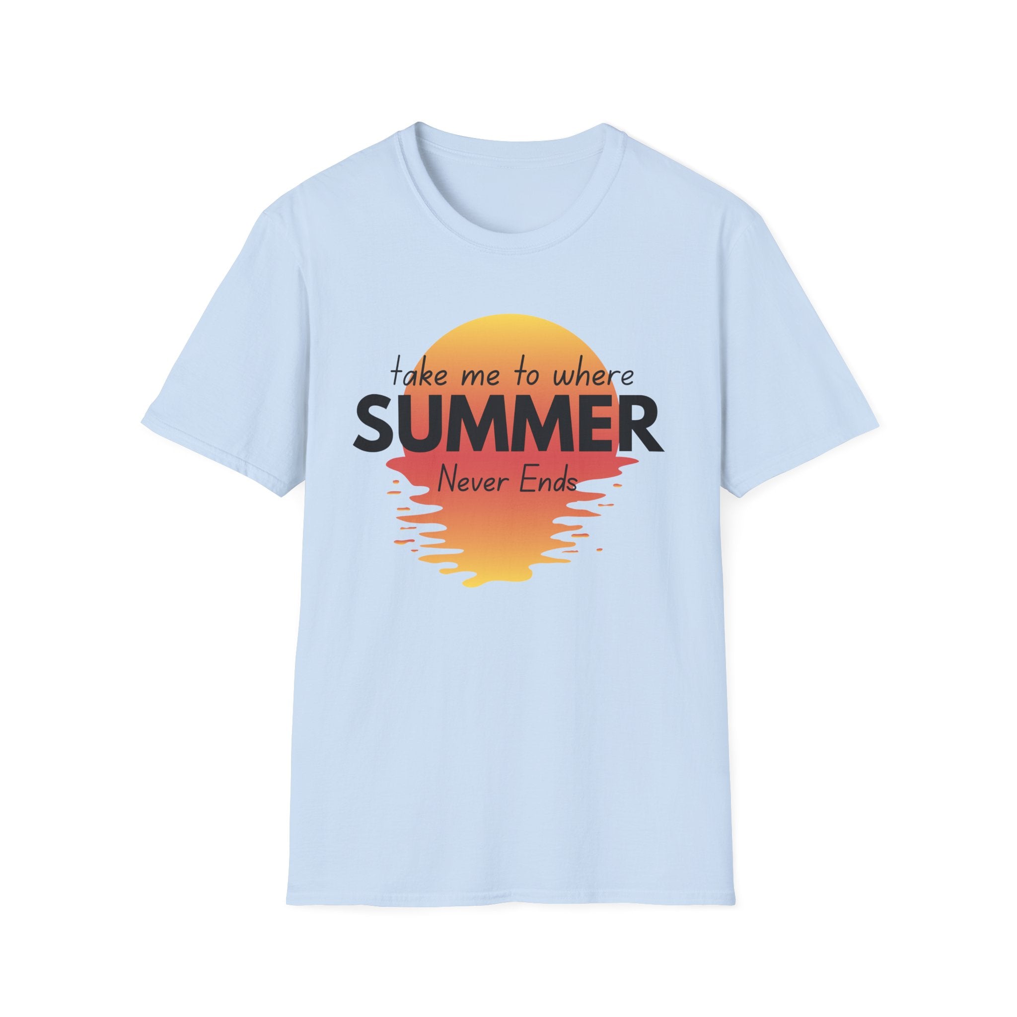 Summer Never Ends T-Shirt — Vintage Sunset 'Take Me to Where Summer Never Ends'