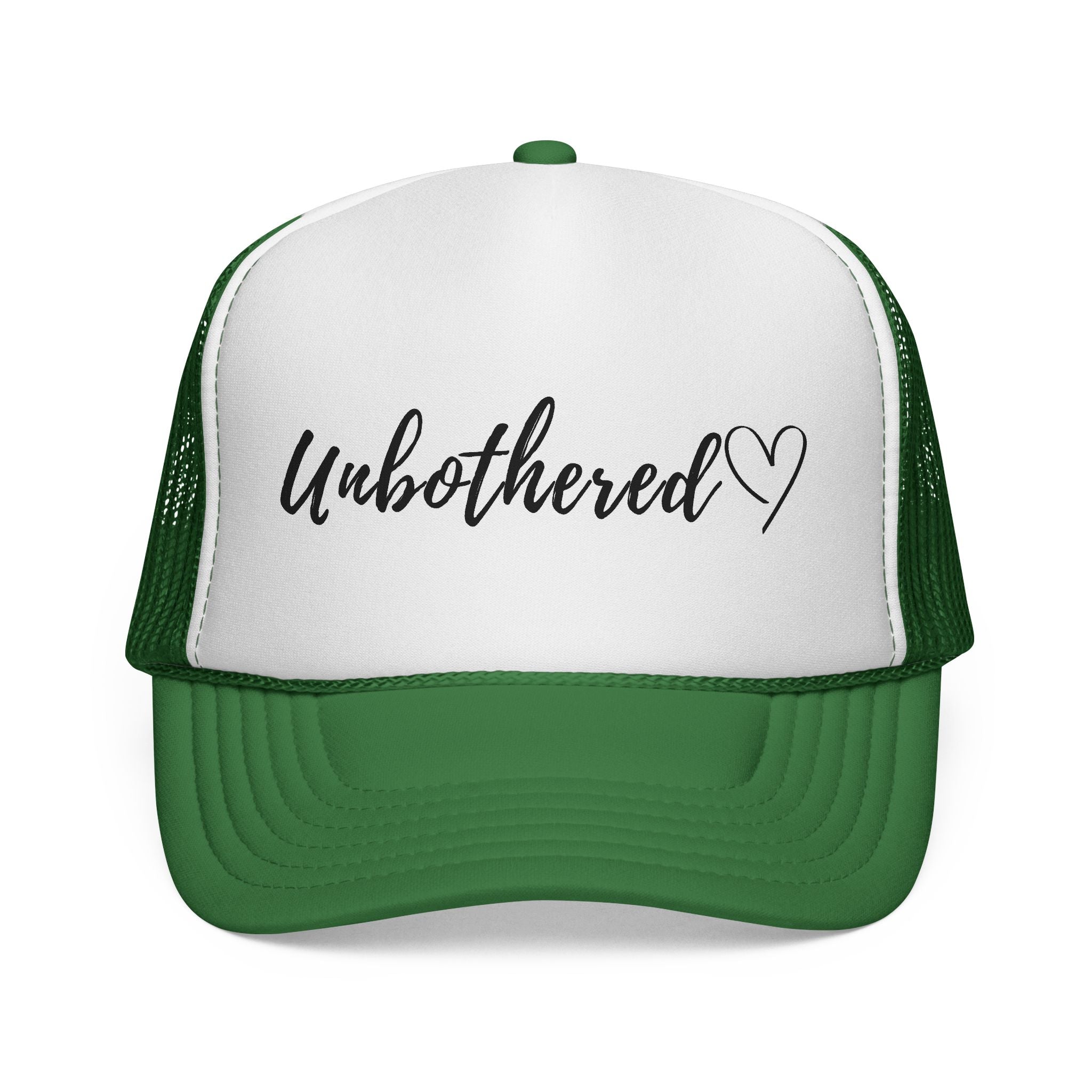 Unbothered Trucker Cap — Script Logo Mesh Hat with Heart