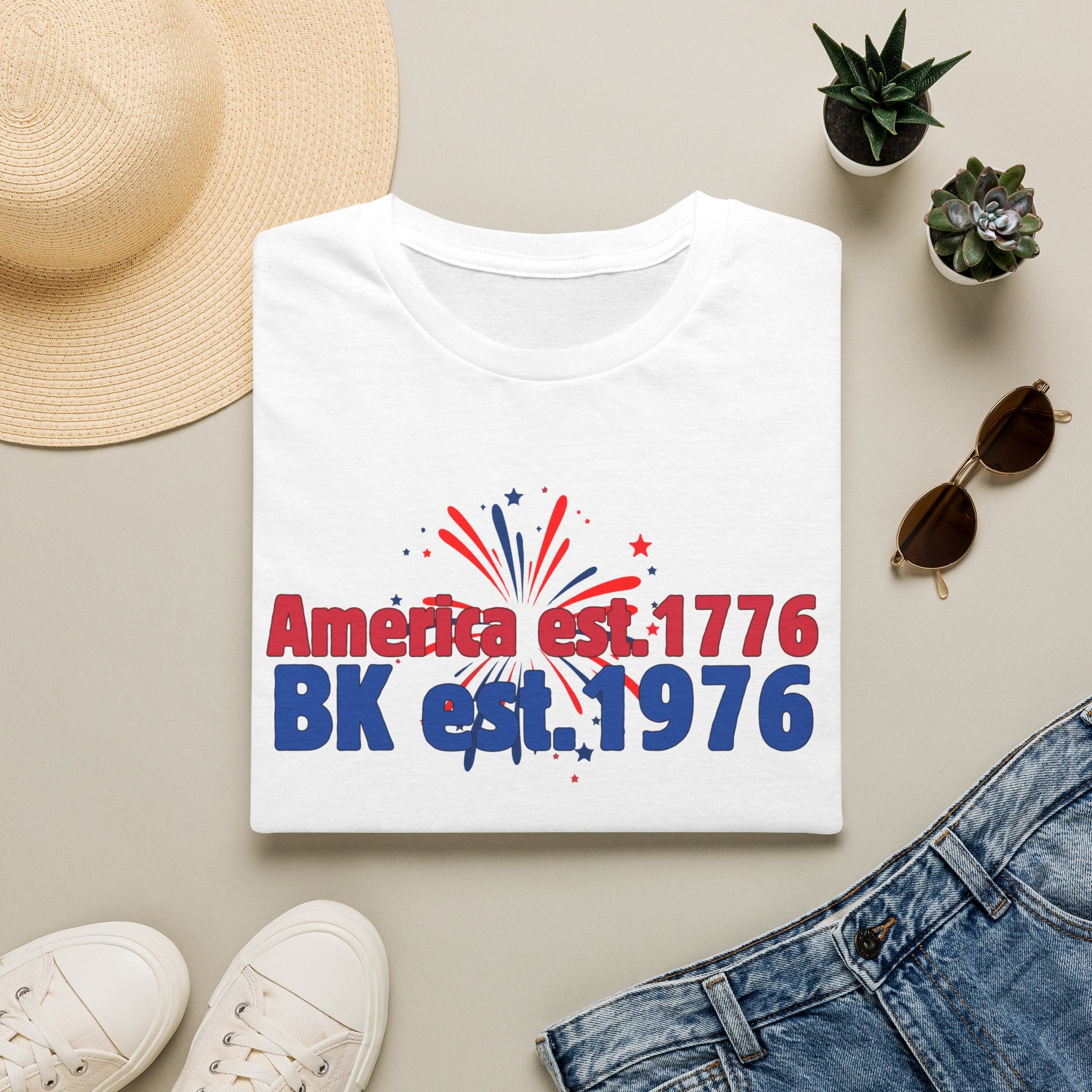 America est.1776 BK est.1976 T-Shirt — Patriotic Red White Blue Fireworks Tee