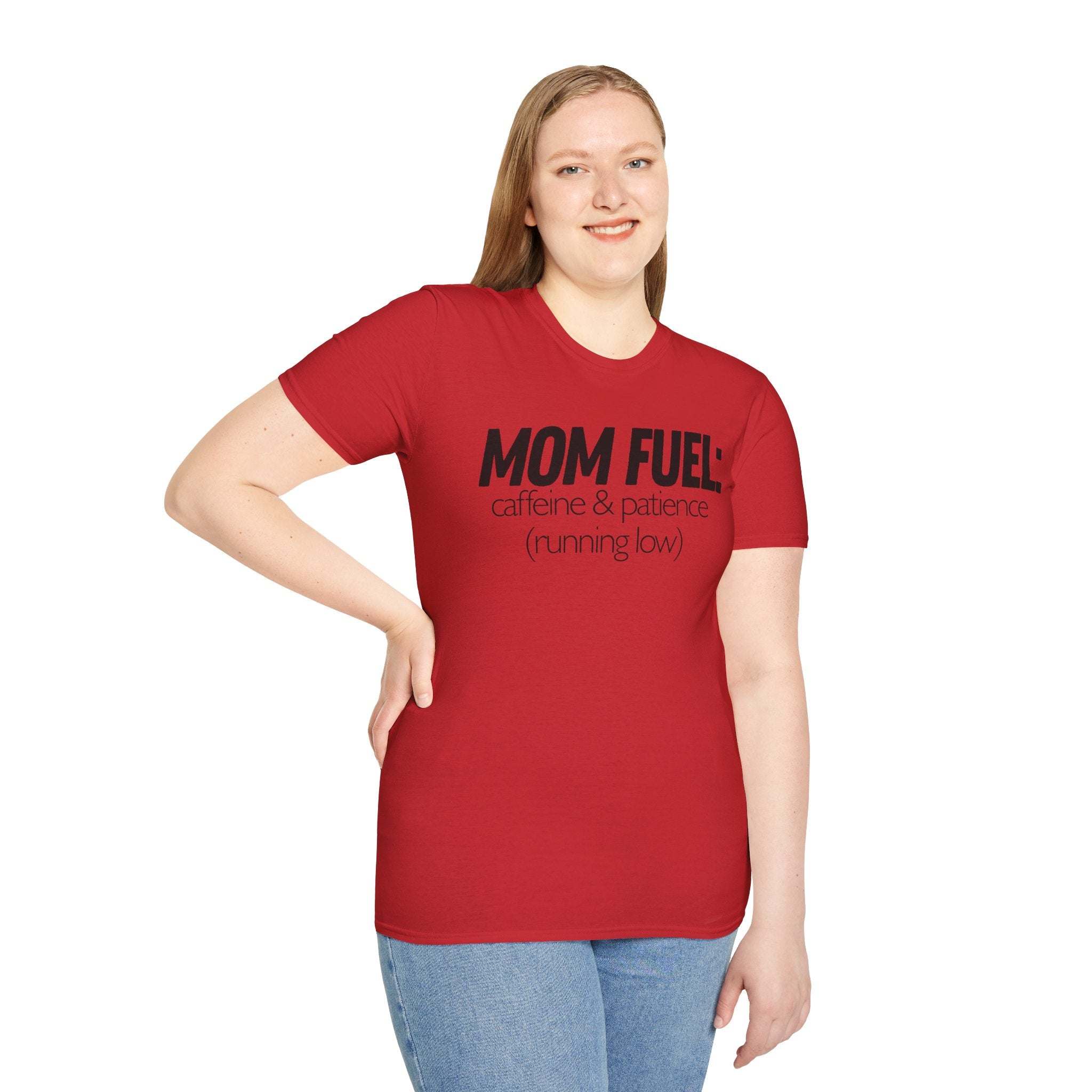 Mom Fuel T-Shirt — “caffeine & patience (running low)” Funny Mom Tee