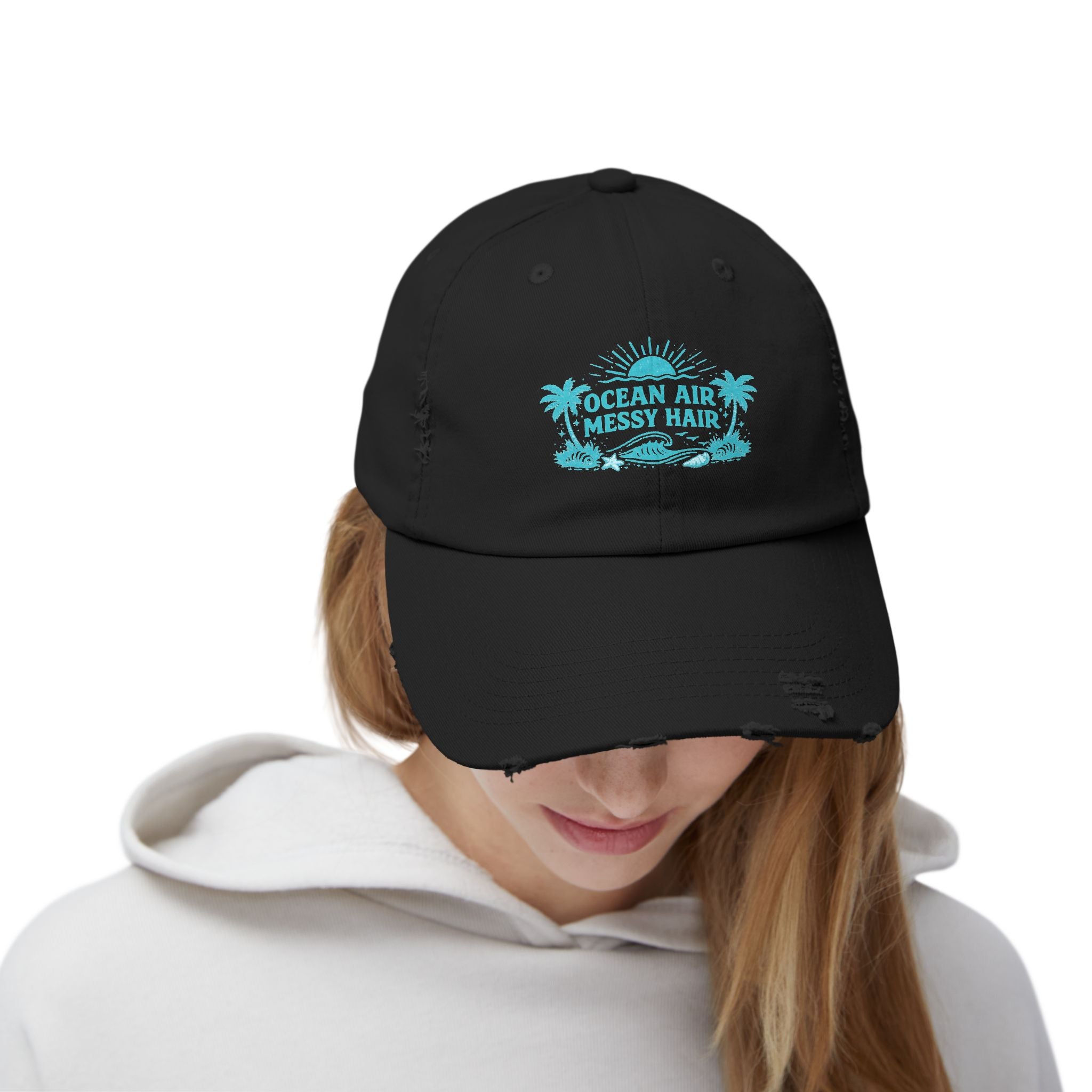 Distressed Cap — "Ocean Air, Messy Hair" Beach Dad Hat