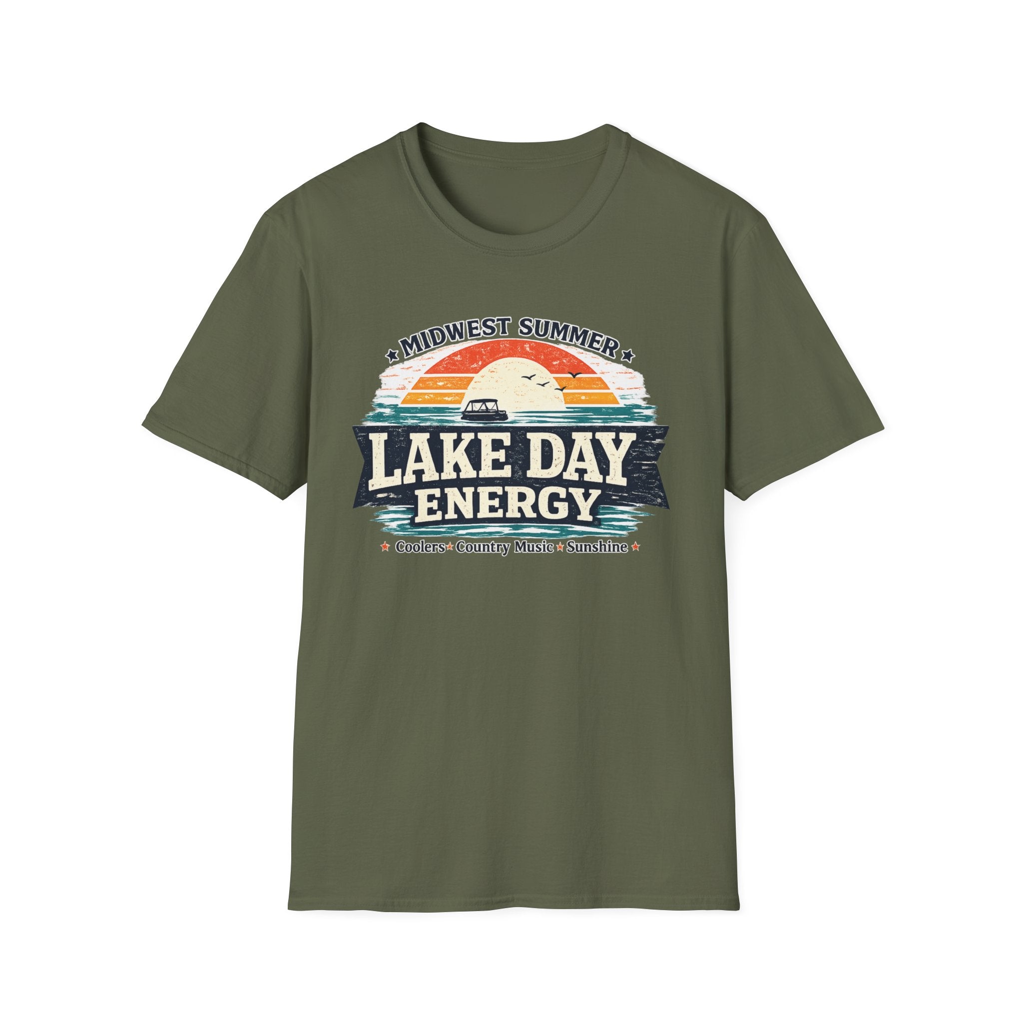 Lake Day Energy T-Shirt – Midwest Summer Retro Sunset Boat Tee
