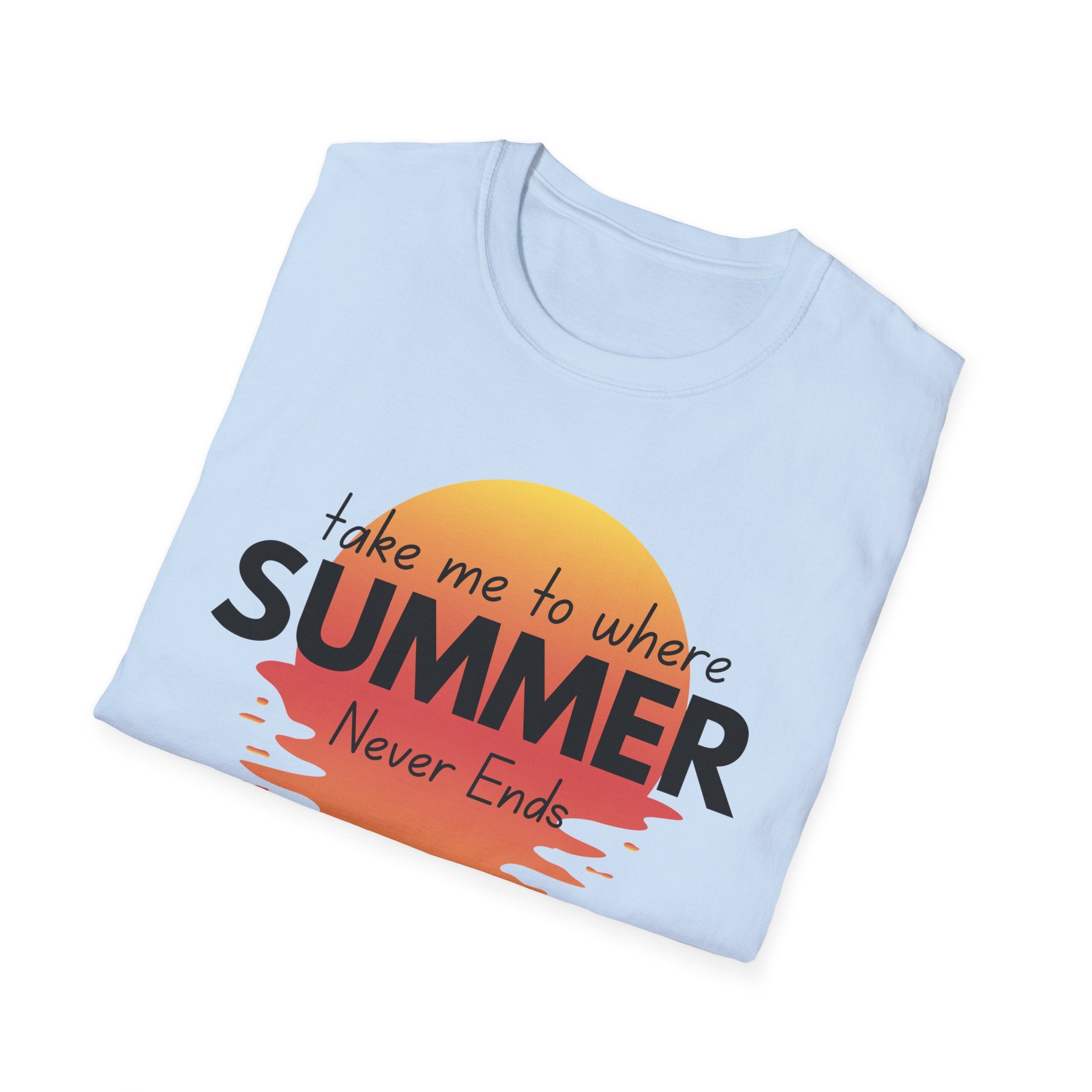 Summer Never Ends T-Shirt — Vintage Sunset 'Take Me to Where Summer Never Ends'