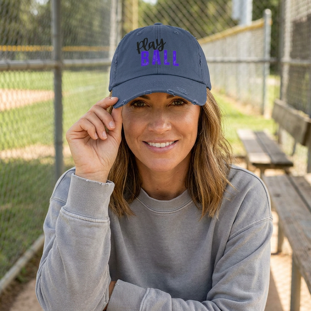 Play Ball Distressed Cap — Vintage Baseball Dad Hat, Embroidered Sports Cap