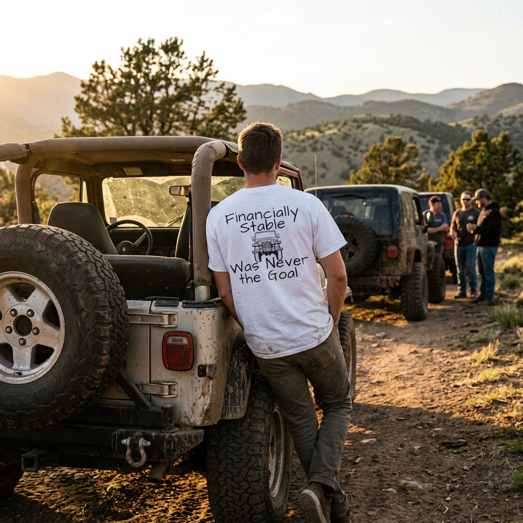 Jeep Graphic T-Shirt — "Financially Stable Was Never the Goal" Casual Adventure Tee