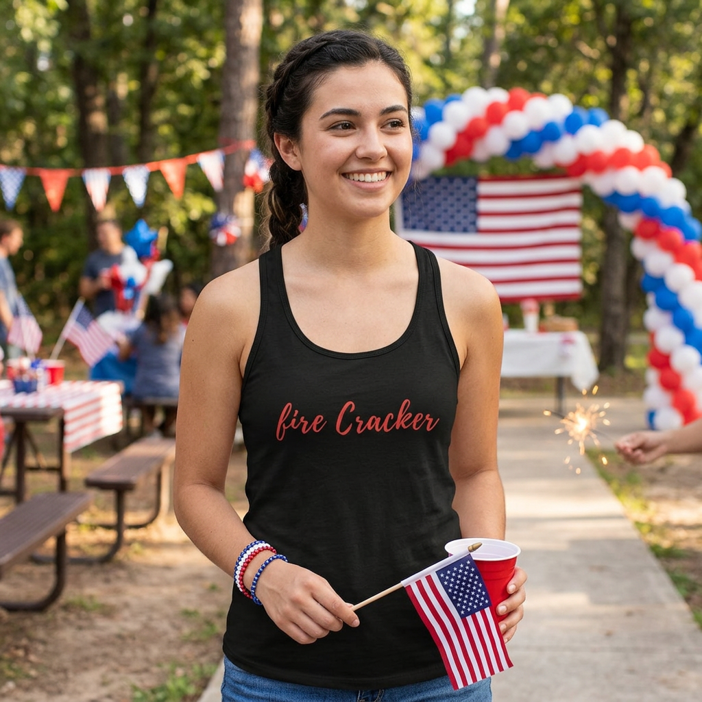 Fire Cracker Women's Racerback Tank Top — Playful Patriotic Summer Tee