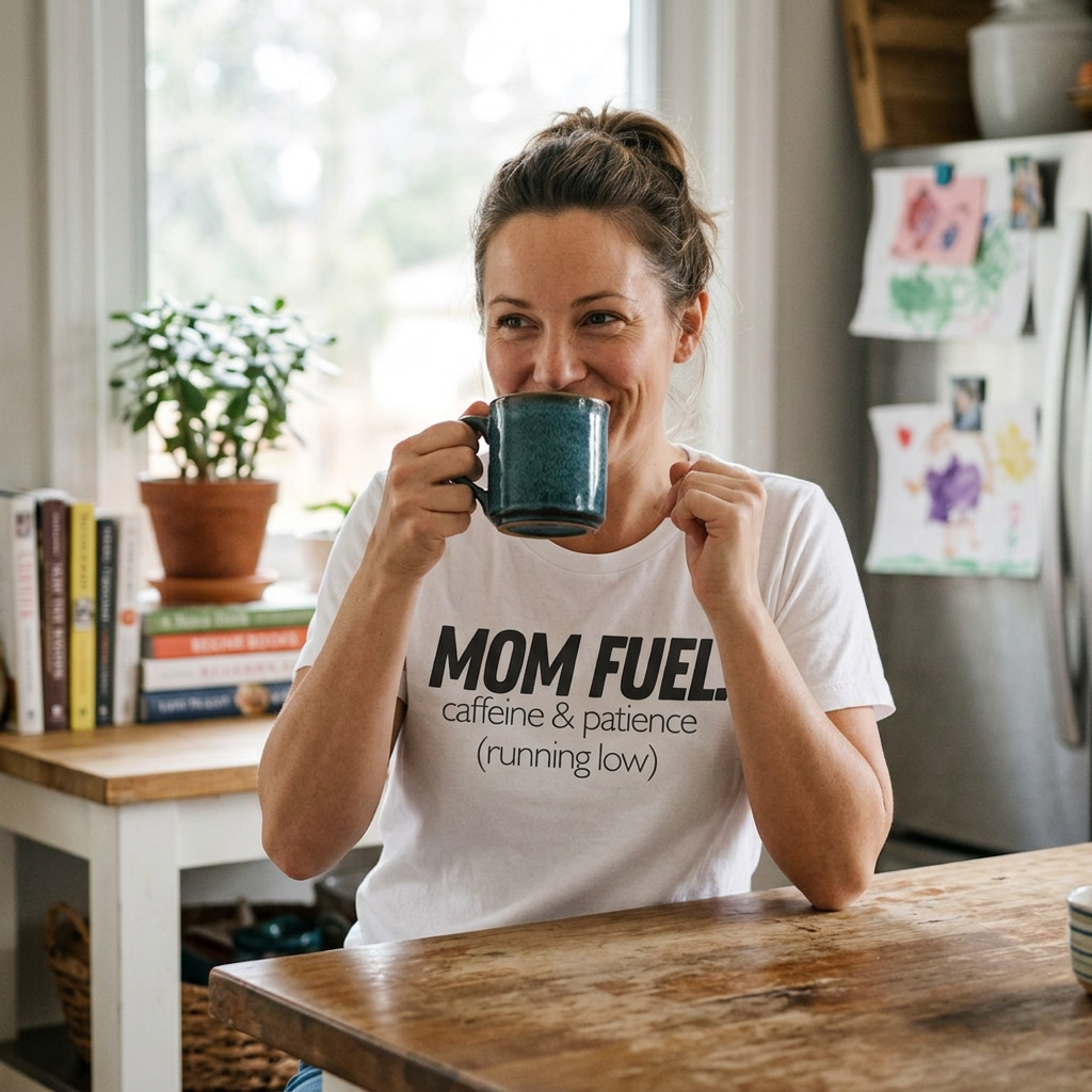 Mom Fuel T-Shirt — “caffeine & patience (running low)” Funny Mom Tee