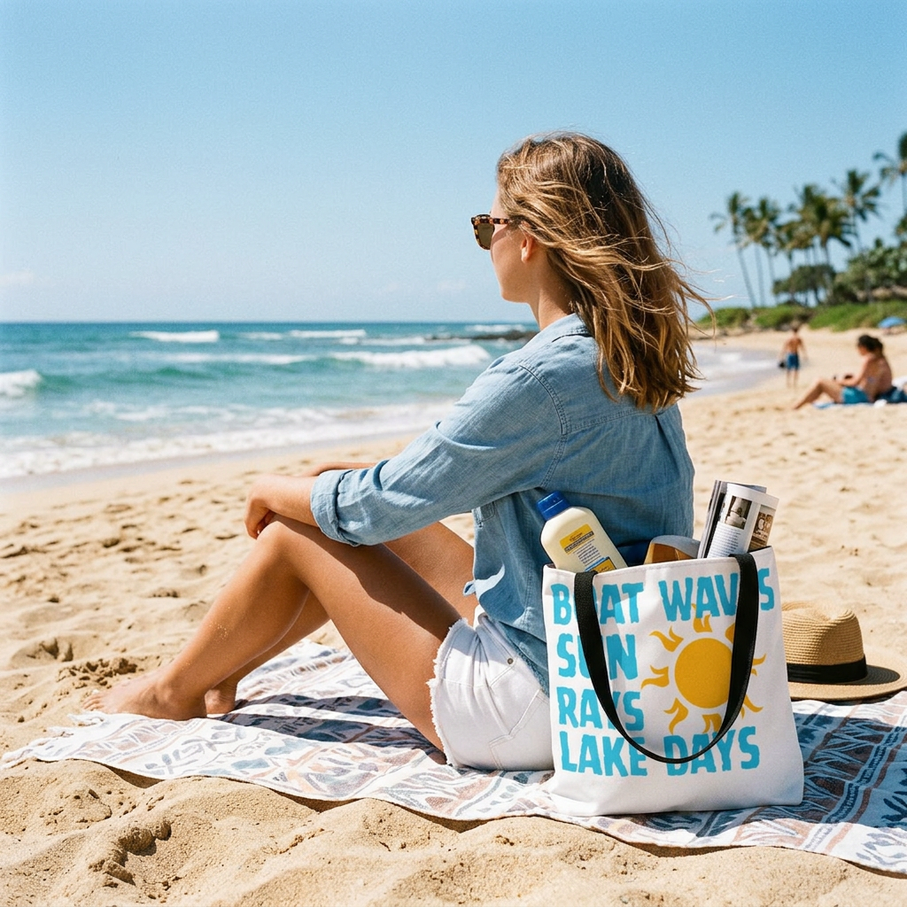 Lake Days Tote Bag — "Boat Waves Sun Rays" Summer Beach Tote