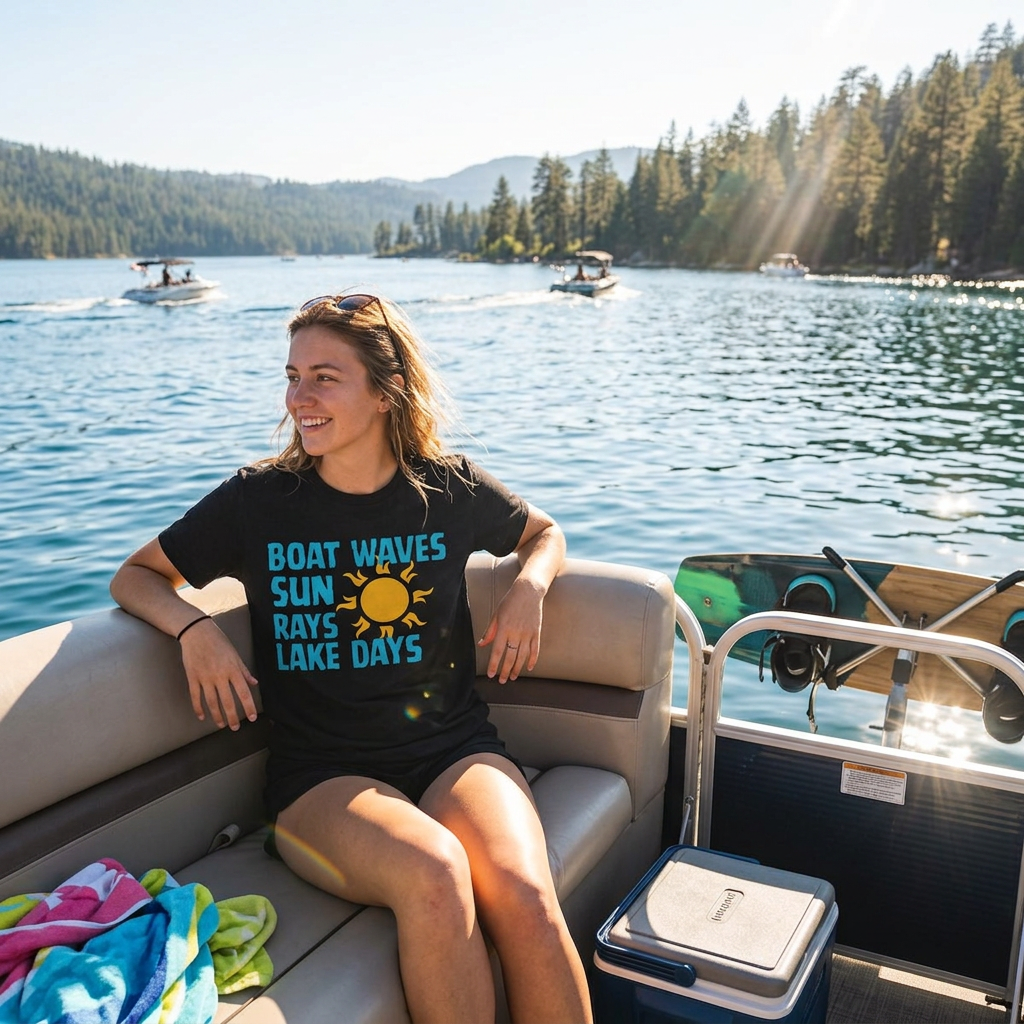 Boat Waves Sun Rays Lake Days T-Shirt — Summer Lake Life Tee