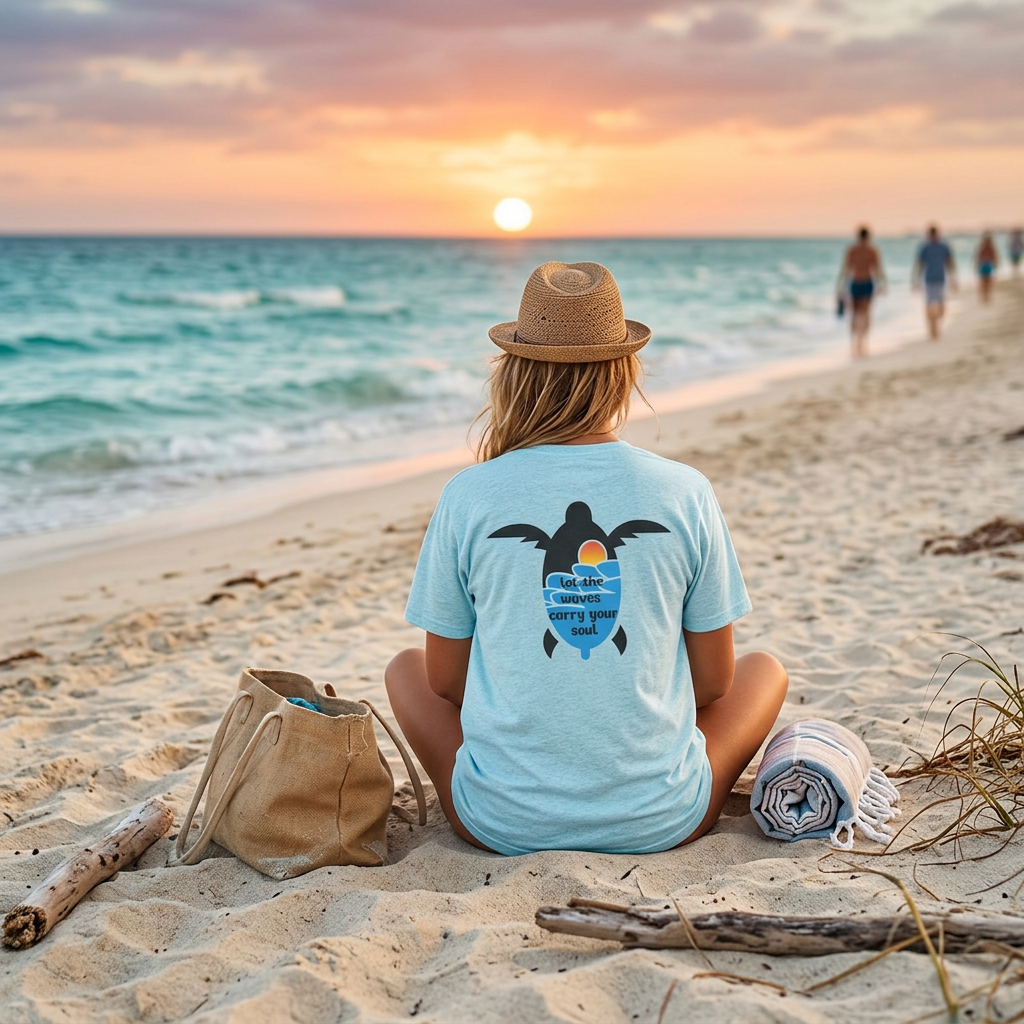 Turtle Sunset Tee — "Let the Waves Carry Your Soul" Relaxed Short-Sleeve Shirt