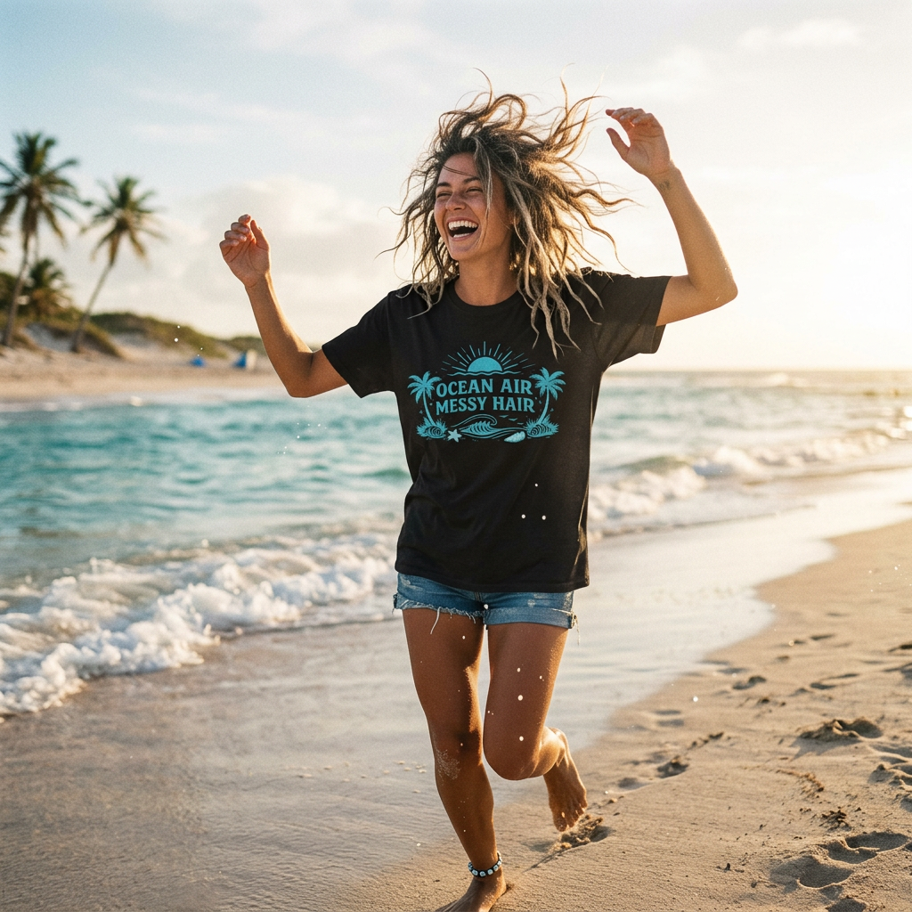Ocean Air Messy Hair T-Shirt — Beachy Palm Graphic Tee
