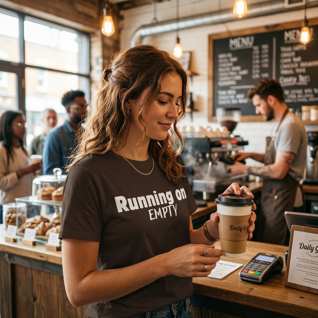Running On Empty T‑Shirt — Funny Exhausted Graphic Tee