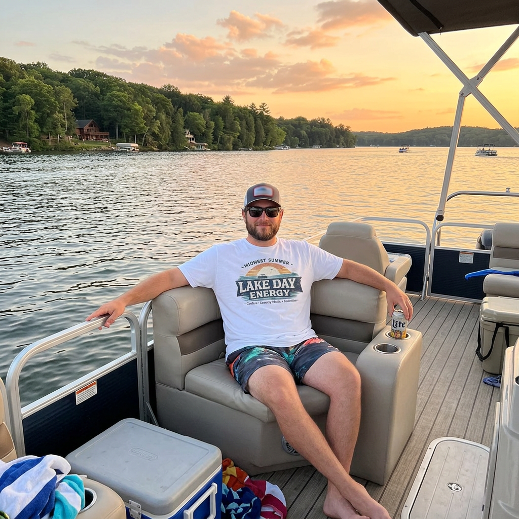 Lake Day Energy T-Shirt – Midwest Summer Retro Sunset Boat Tee