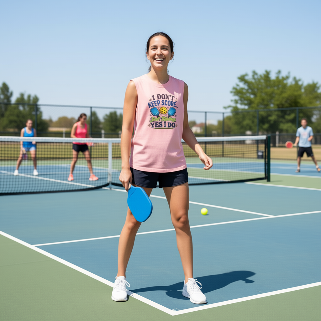 Pickleball Muscle Tank — “I Don’t Keep Score… Just Kidding Yes I Do” Funny Pickleball Tank Top