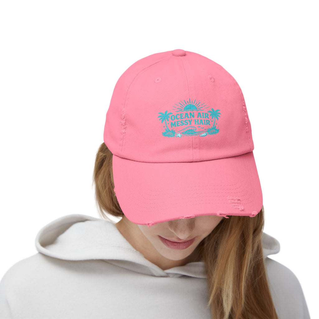 Distressed Cap — "Ocean Air, Messy Hair" Beach Dad Hat