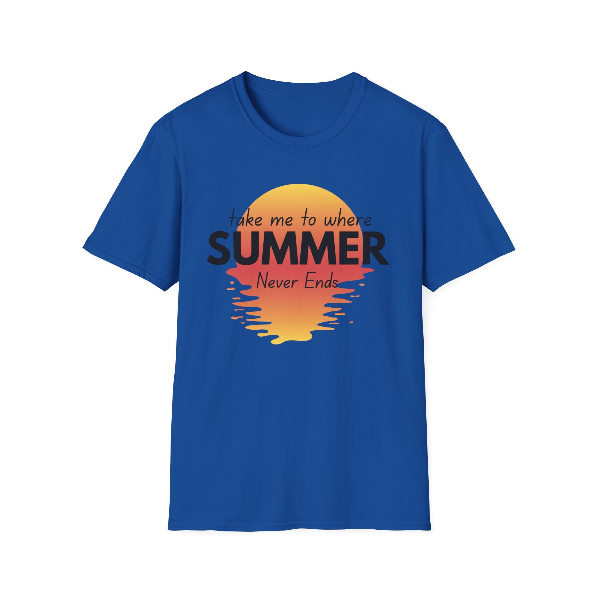 Summer Never Ends T-Shirt — Vintage Sunset 'Take Me to Where Summer Never Ends'