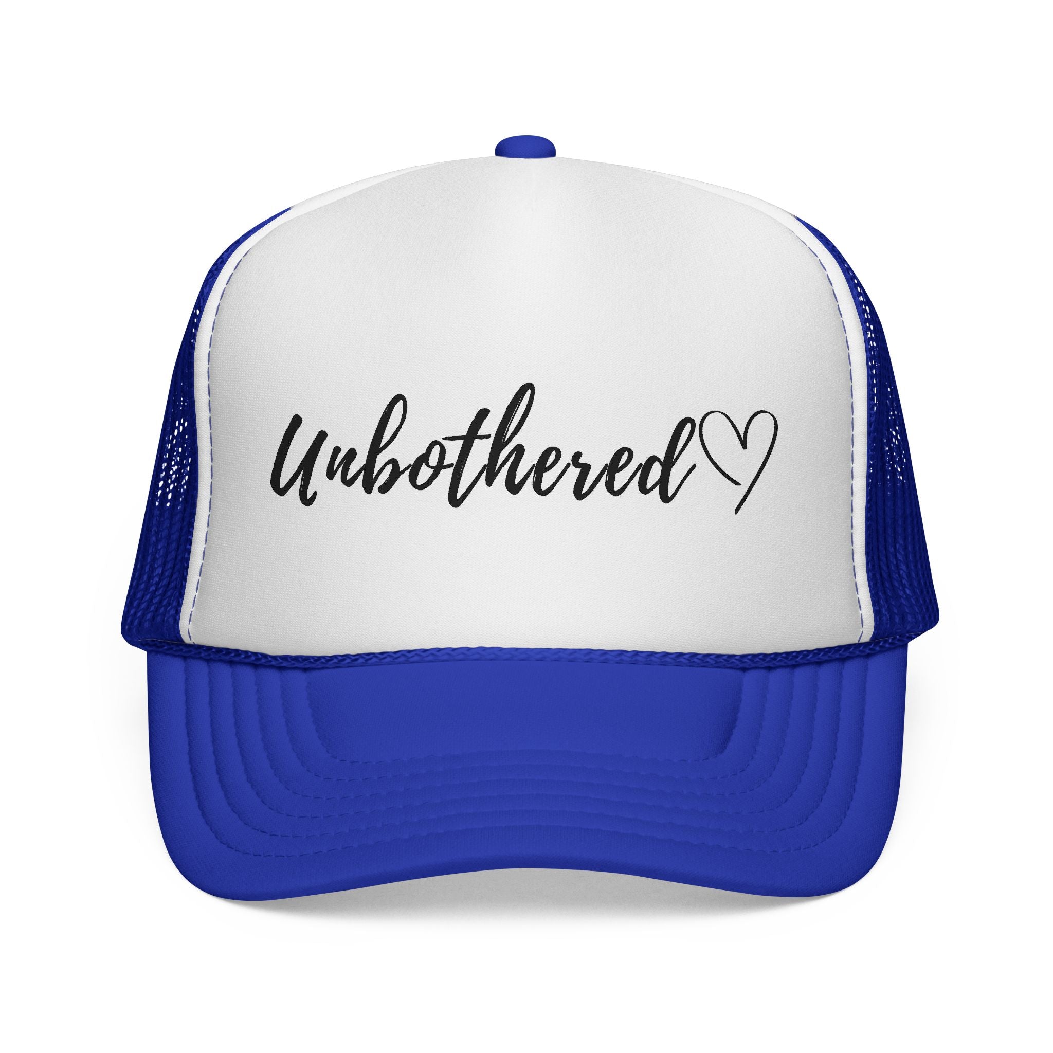 Unbothered Trucker Cap — Script Logo Mesh Hat with Heart