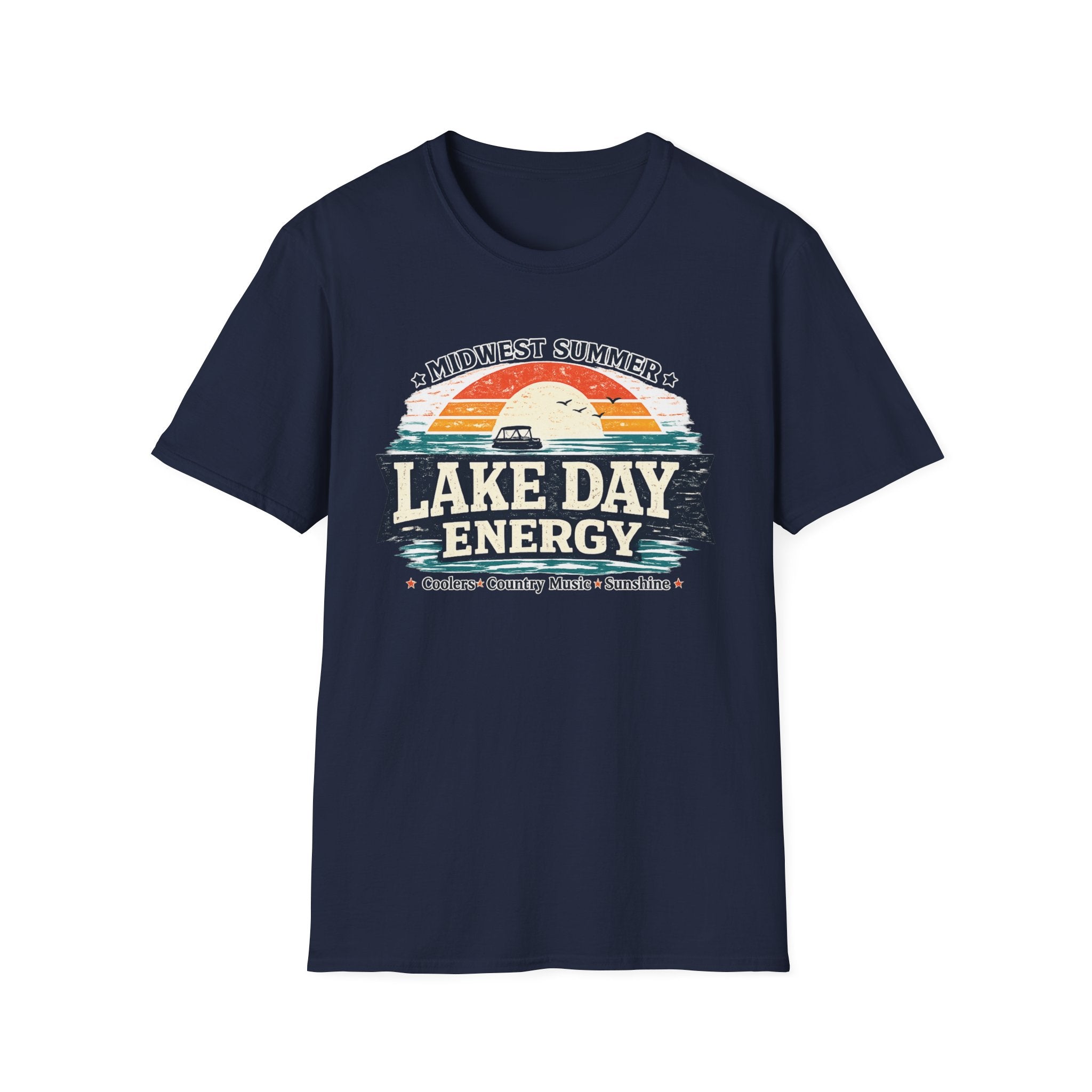 Lake Day Energy T-Shirt – Midwest Summer Retro Sunset Boat Tee