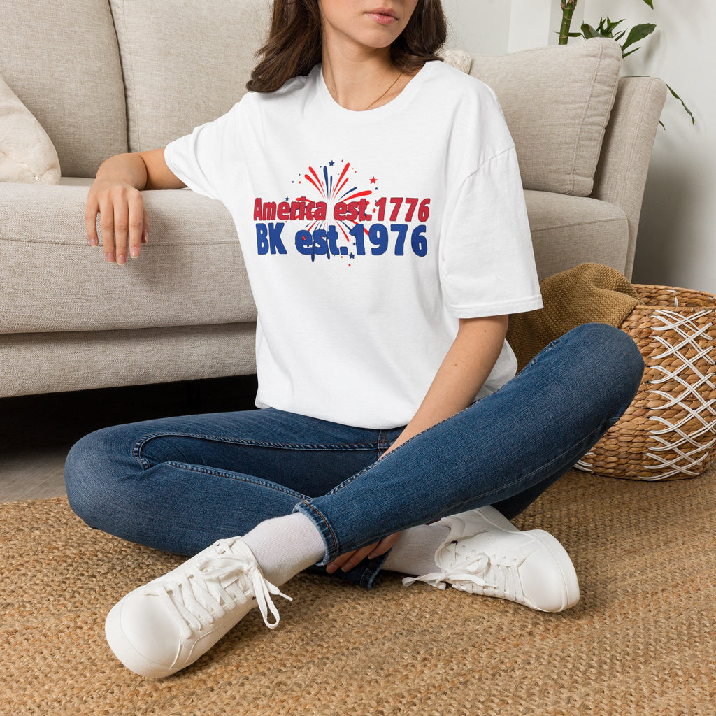 America est.1776 BK est.1976 T-Shirt — Patriotic Red White Blue Fireworks Tee