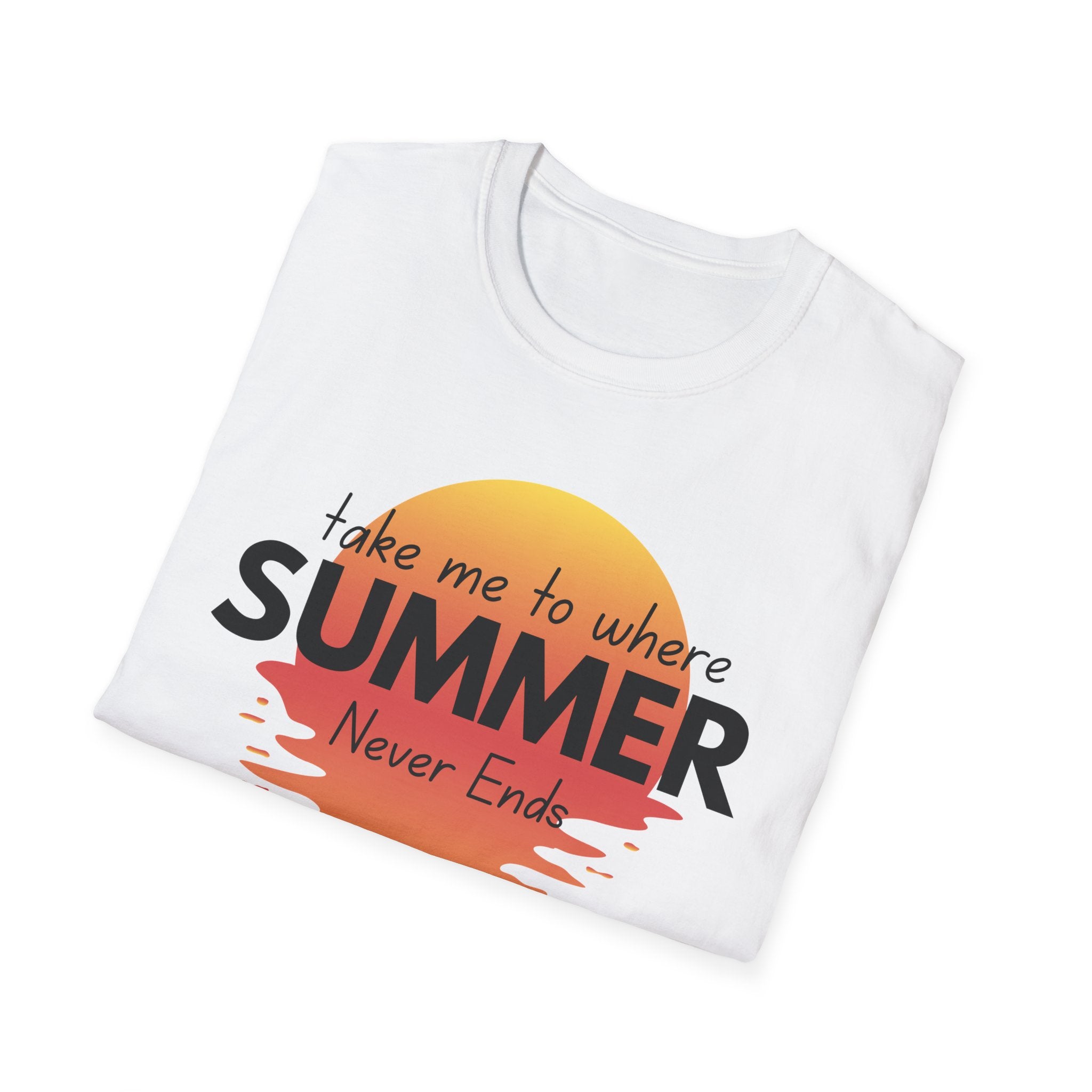Summer Never Ends T-Shirt — Vintage Sunset 'Take Me to Where Summer Never Ends'
