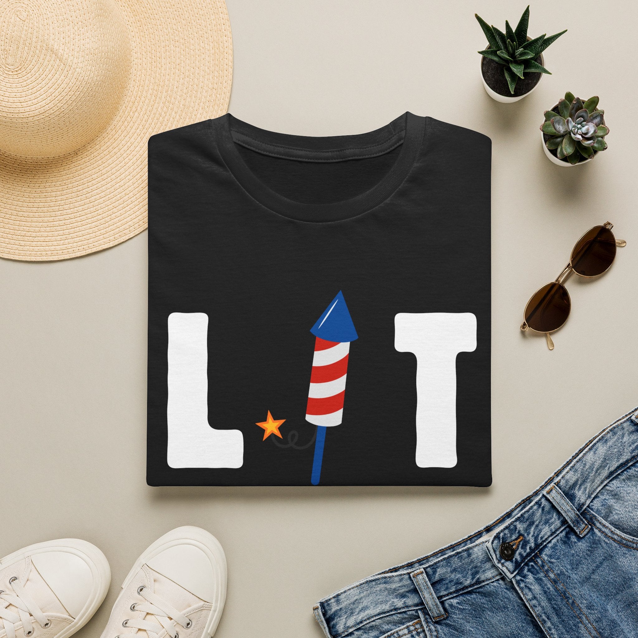 T-Shirt — "LIT" Fireworks Patriotic Graphic Shirt for 4th of July