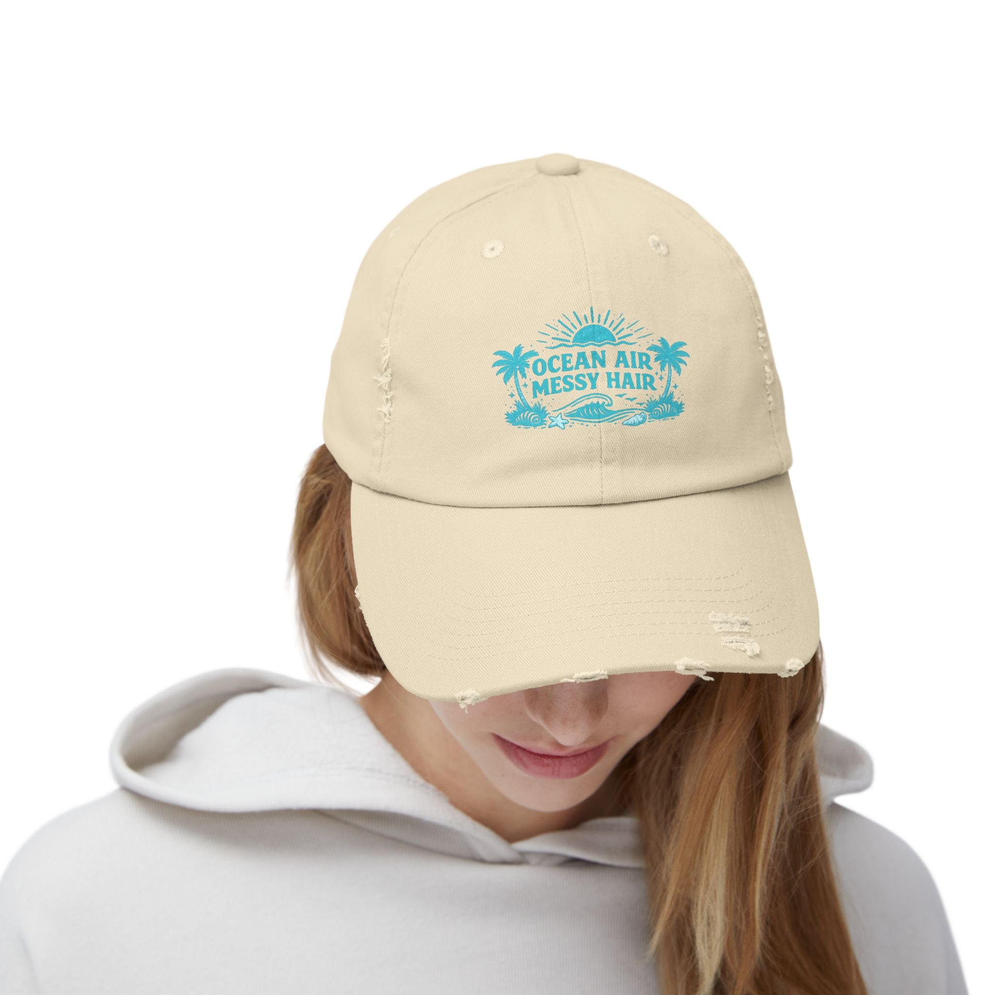 Distressed Cap — "Ocean Air, Messy Hair" Beach Dad Hat