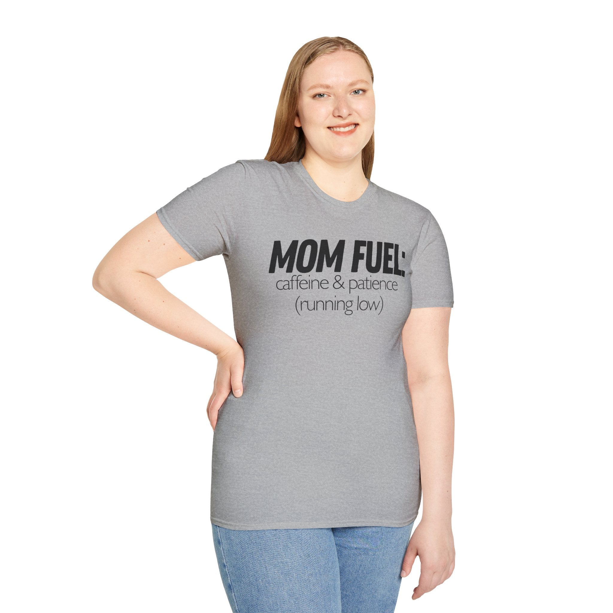 Mom Fuel T-Shirt — “caffeine & patience (running low)” Funny Mom Tee