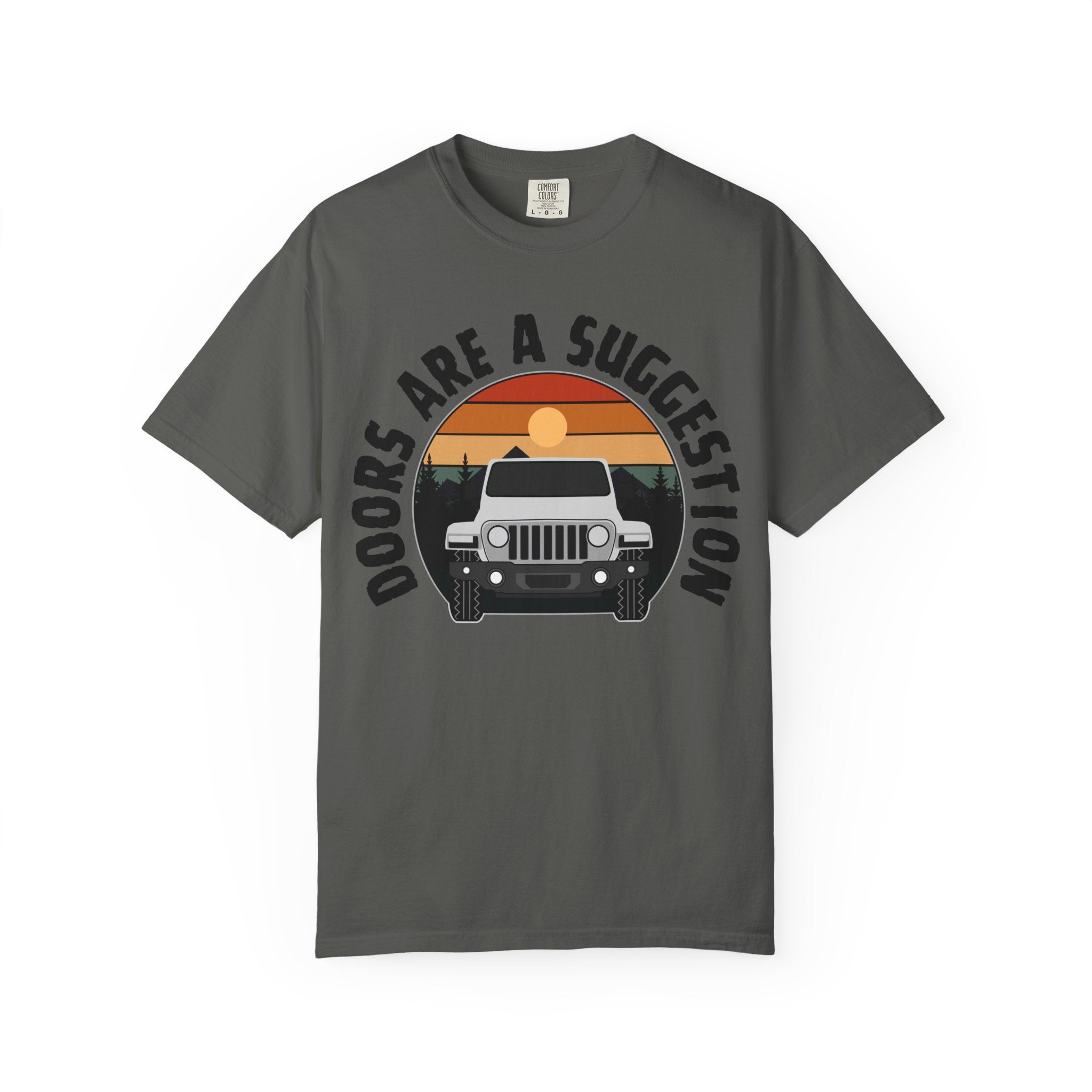 Jeep Graphic T-Shirt — "Doors Are A Suggestion" Vintage Sunset Tee