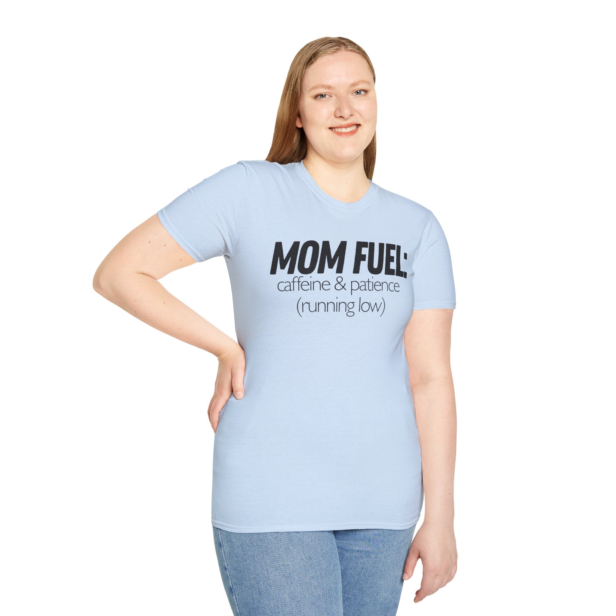 Mom Fuel T-Shirt — “caffeine & patience (running low)” Funny Mom Tee