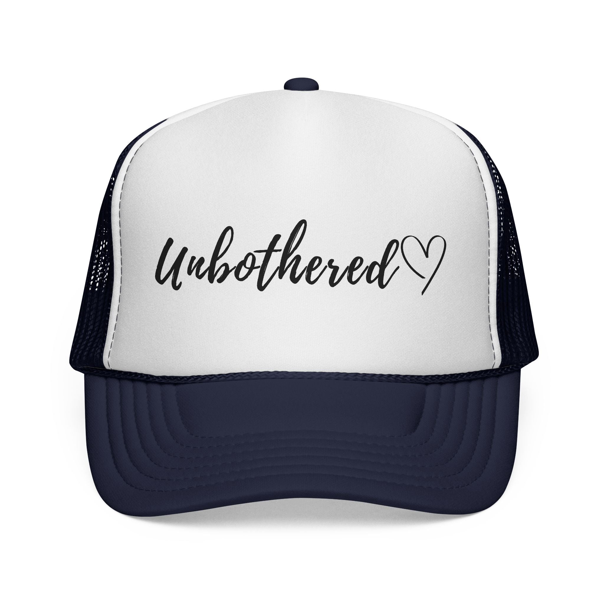 Unbothered Trucker Cap — Script Logo Mesh Hat with Heart