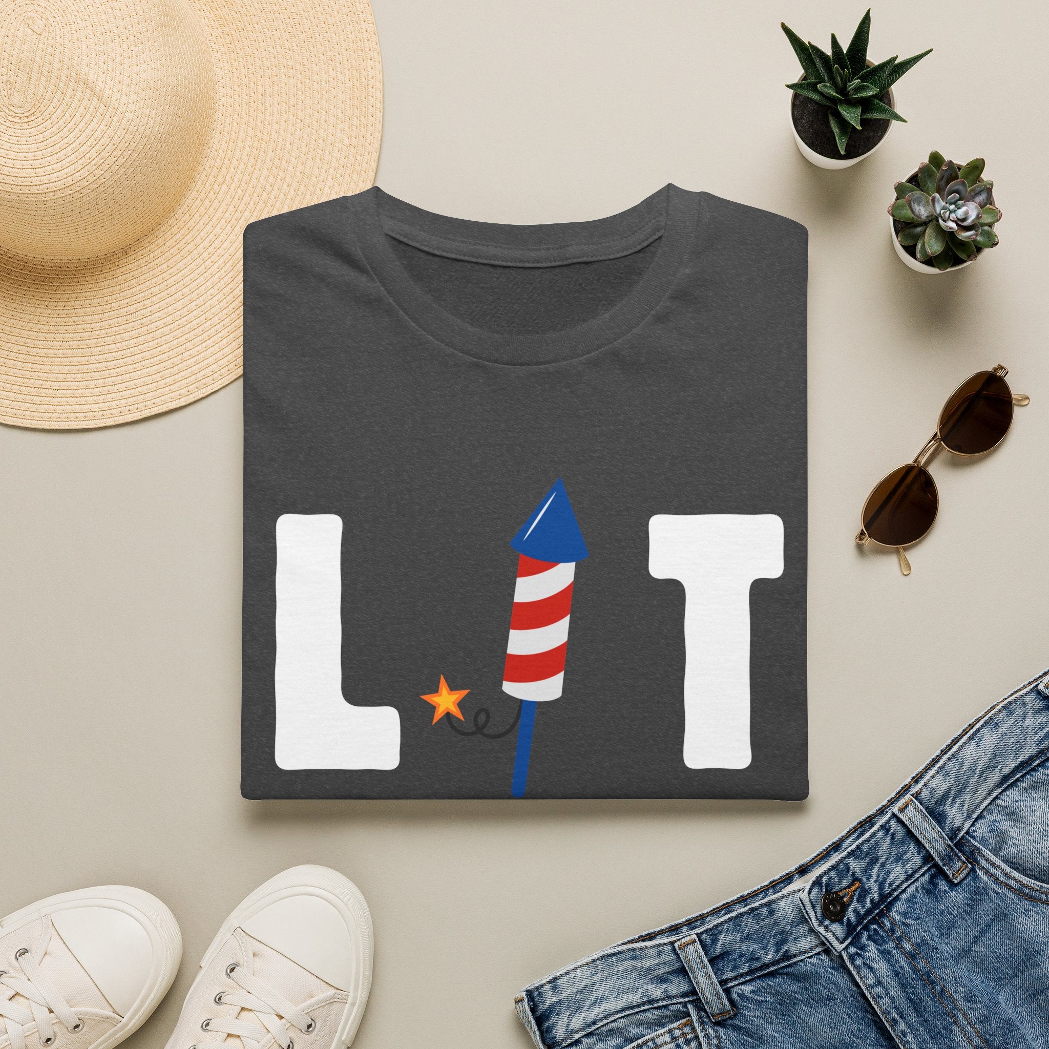 T-Shirt — "LIT" Fireworks Patriotic Graphic Shirt for 4th of July
