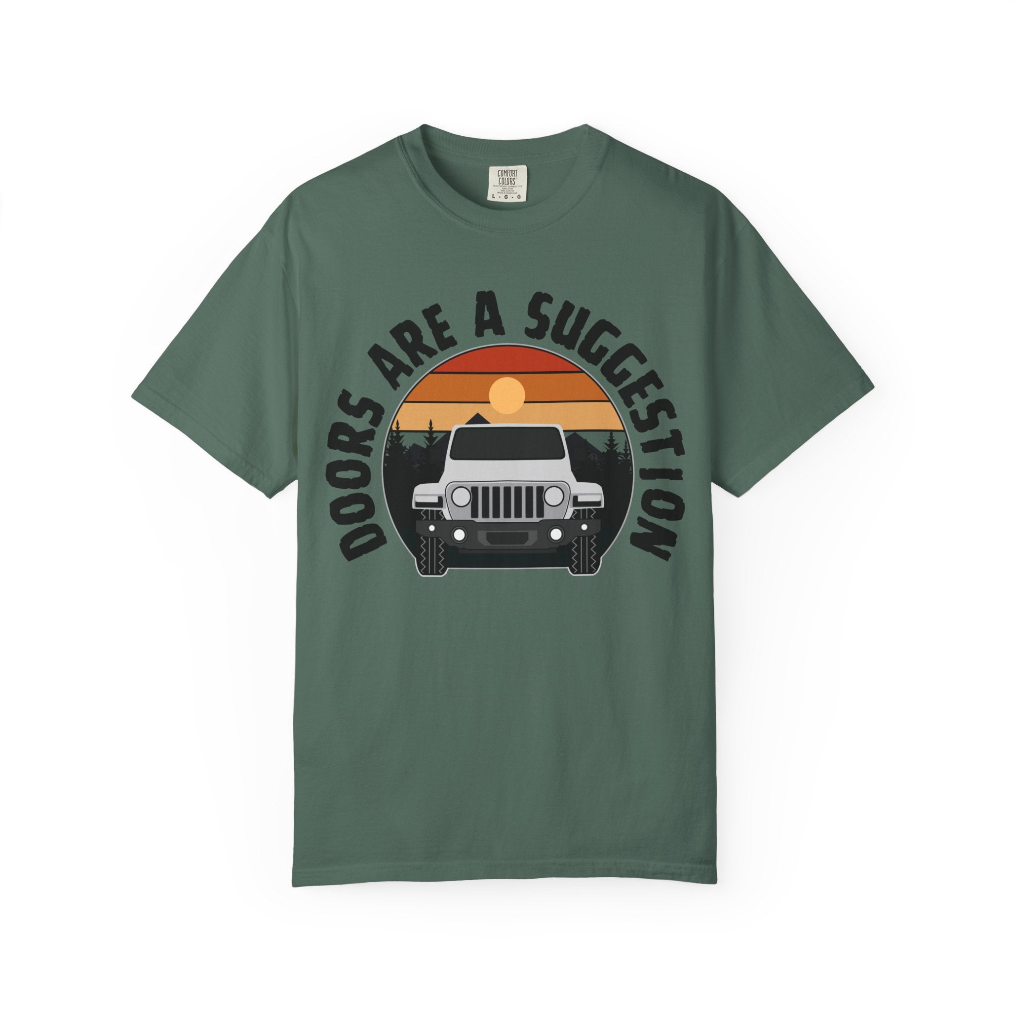 Jeep Graphic T-Shirt — "Doors Are A Suggestion" Vintage Sunset Tee