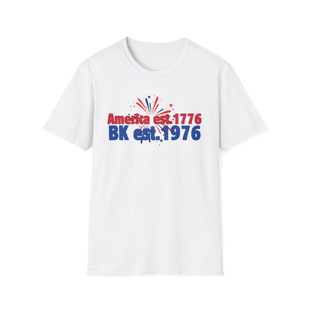 America est.1776 BK est.1976 T-Shirt — Patriotic Red White Blue Fireworks Tee