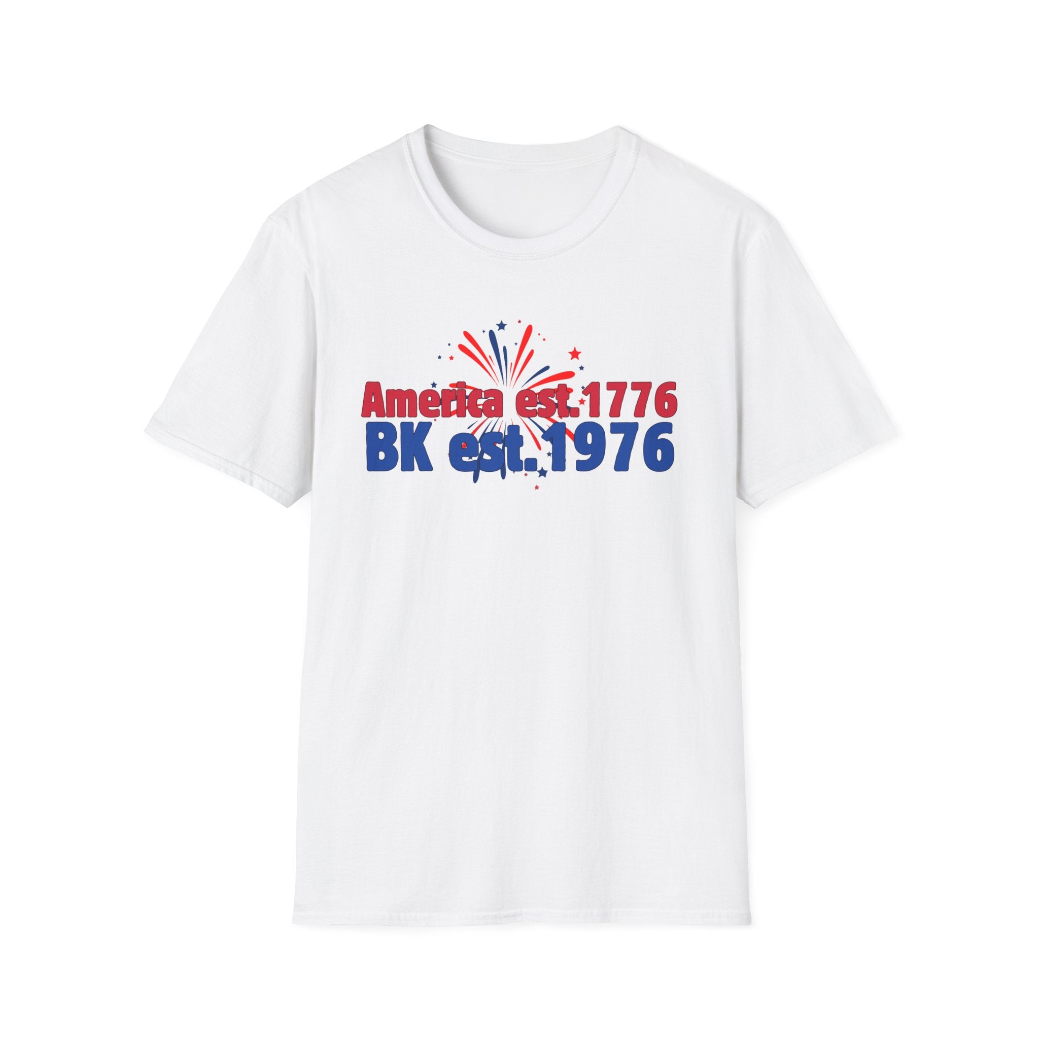 America est.1776 BK est.1976 T-Shirt — Patriotic Red White Blue Fireworks Tee